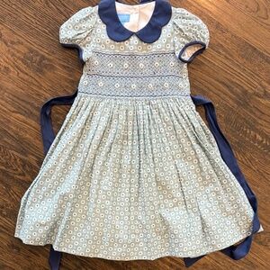 Anavini smocked dress sage green navy blue embroidered sz 6